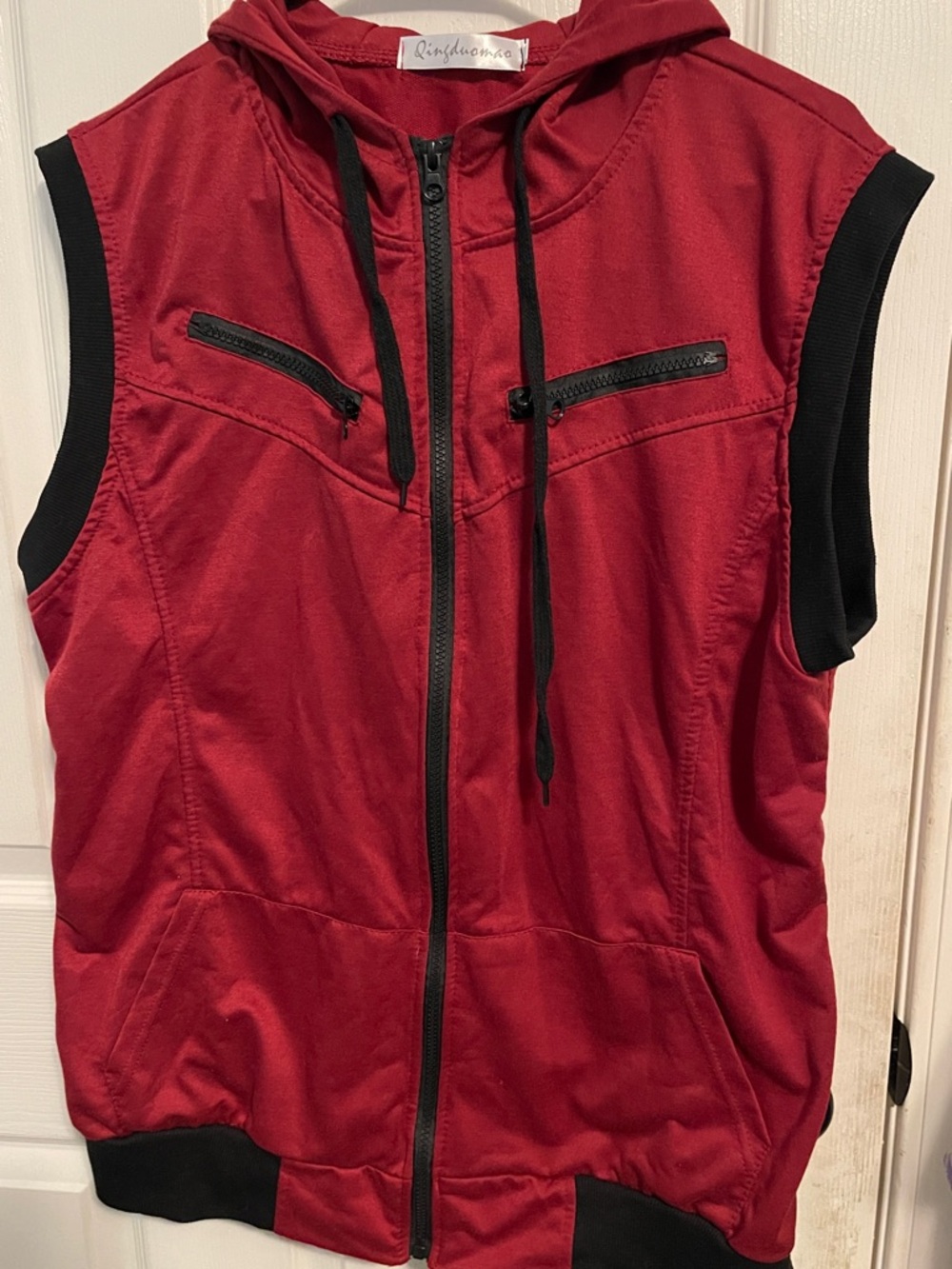 Red Sleeveless Zip-Up Hoodie with Black Trim